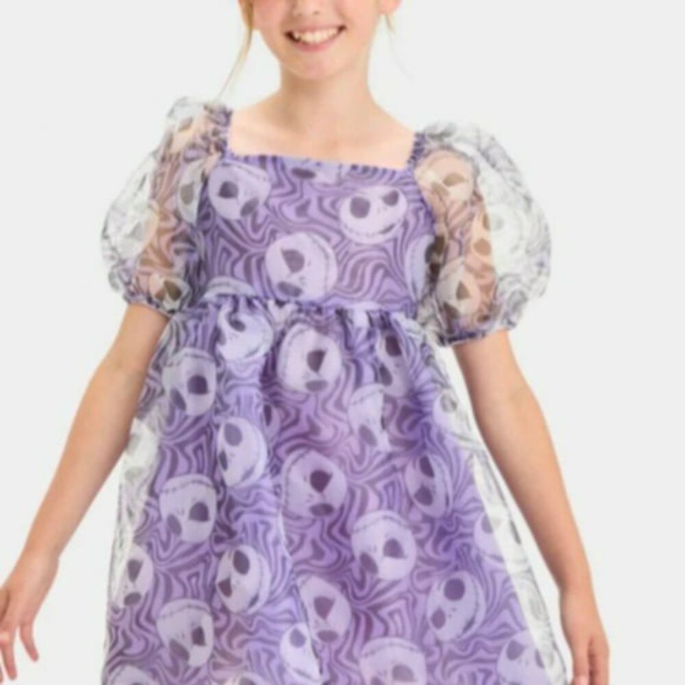 NWOT Jack Skellington puff-sleeve short purple dress 8Y - Picture 2 of 3